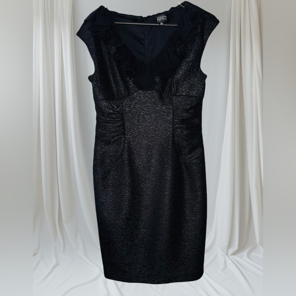 ADRIANNA PAPELL Ruffle Neck Dress 10P Silk Combo Evening Black Formal CUE